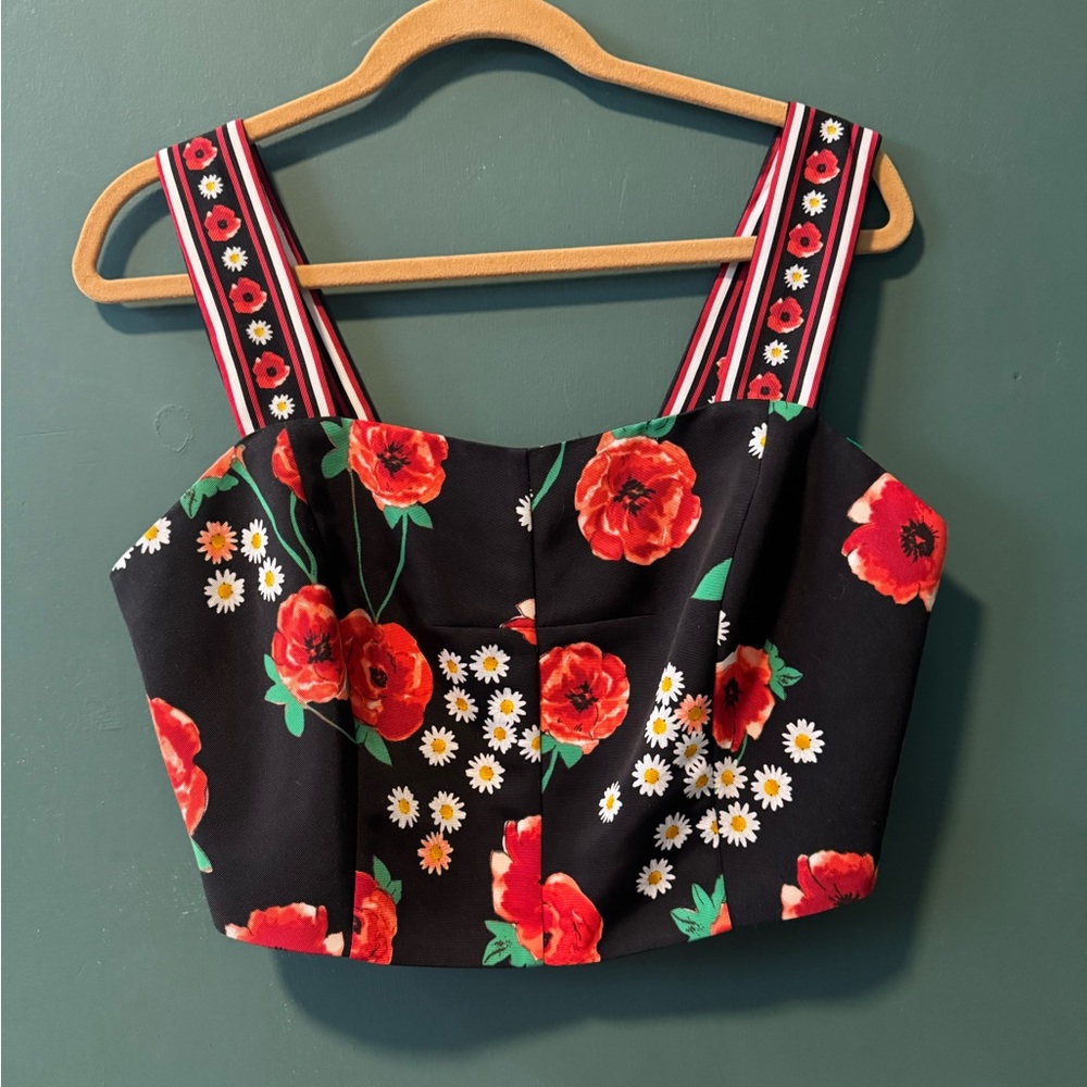 8 Black Crop Top with Red Floral Design